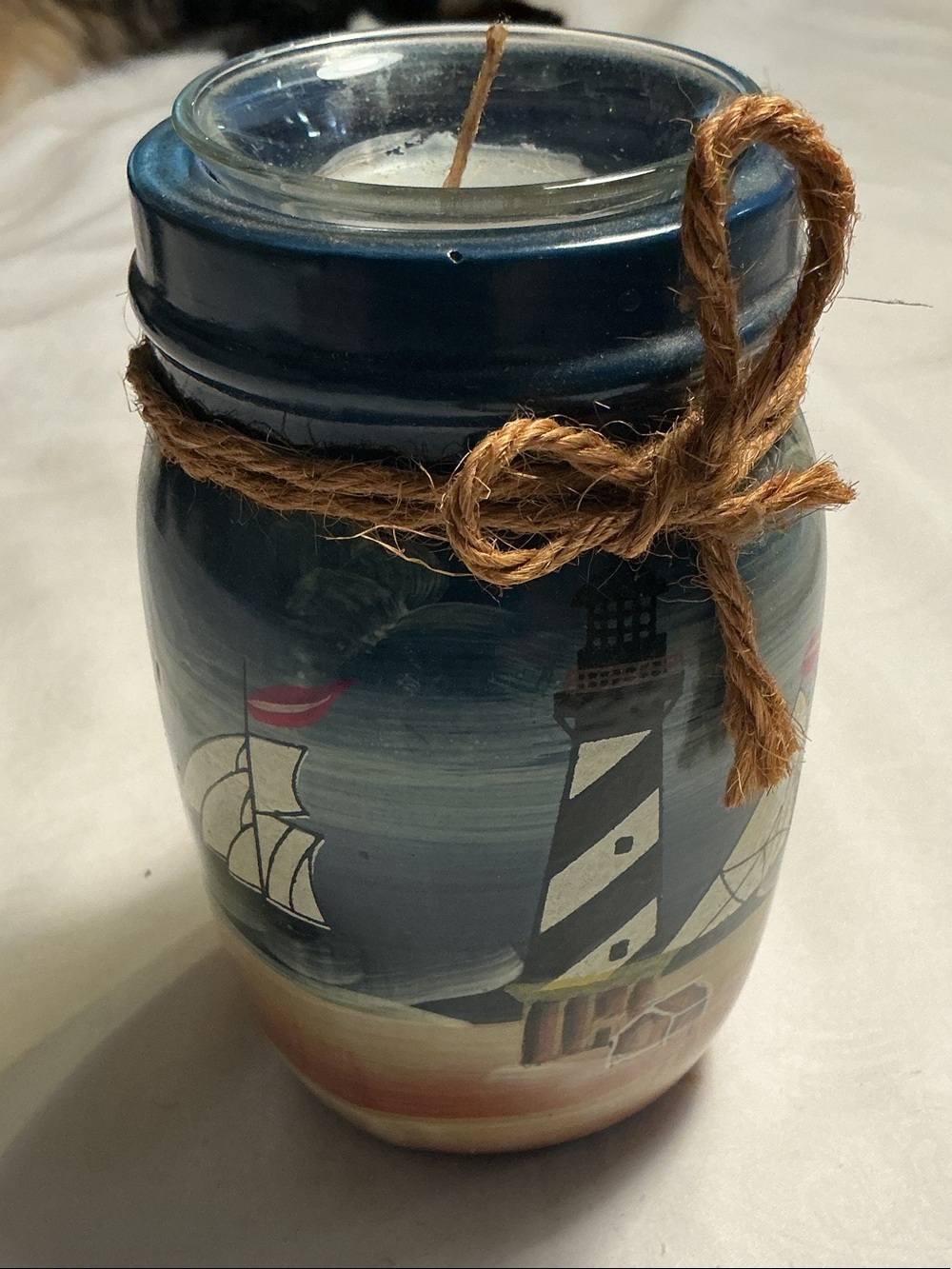 Hand-Painted Nautical Blue Mason Jar Candle with Twine Accent